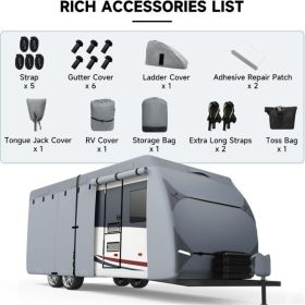 RV Cover, Upgraded 7 Layers Top Travel Trailer Cover, Waterproof Camper Cover For Toy Hauler With Tongue Jack Cover, Gutter Covers