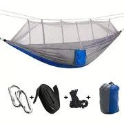 Camping Hammock with Net with 440 lb Capacity - Lightweight Camping Hammock Chair - Double or Single Size with Tree Strap and Included Carry Bag (Color: Gray and blue)